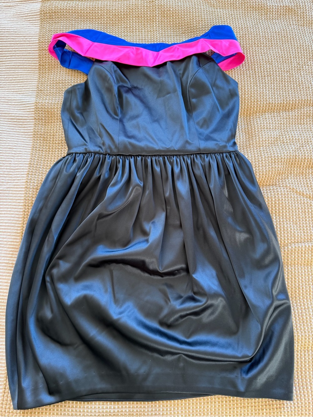 Aqua Black Dress with Pink and Blue Off-Shoulder Trim